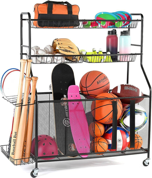 Ball Rack For Garage - Indoor & Outdoor Garage Ball Organizer Holder With Baskets, Rolling Wheels & Breaks - Large Capacity Garage Sports