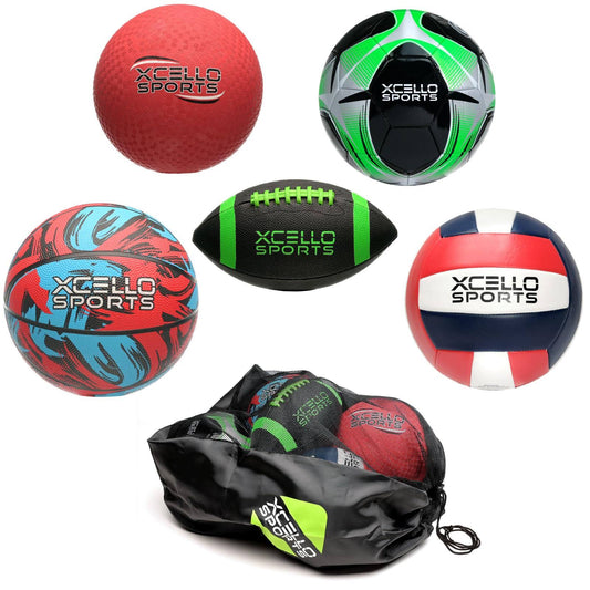 Sports Multi-Sport 5-Ball Set - Jr. Football, Official B7 Basketball, Size 5 Soccer Ball, Volleyball, And Kickball With Ball Pump And Carry