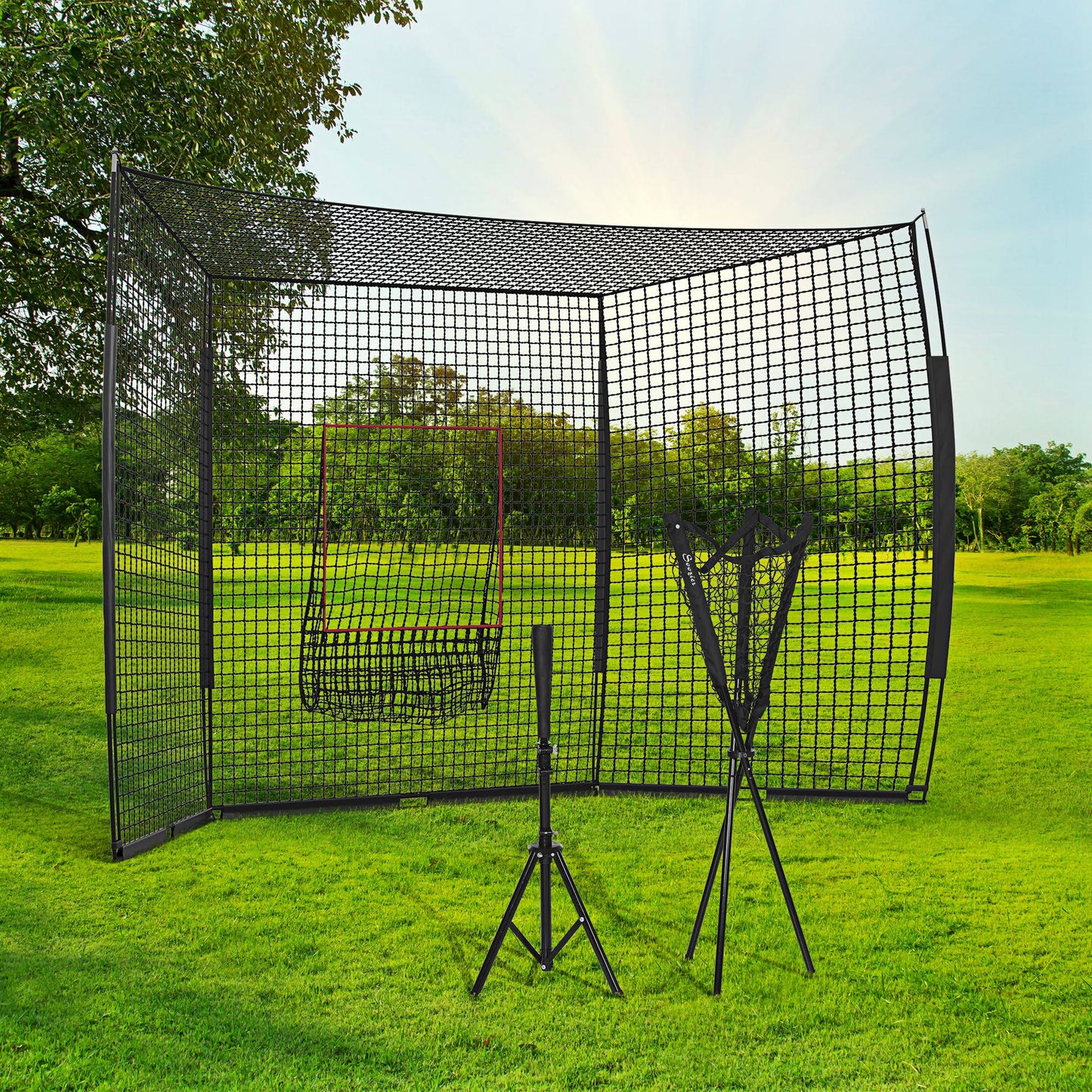 17 X 5.5 Baseball Net With Strike Zone, Tee, Caddy, And Carry Bag For Pitching And Hitting, Portable Extra Large Softball And Baseball