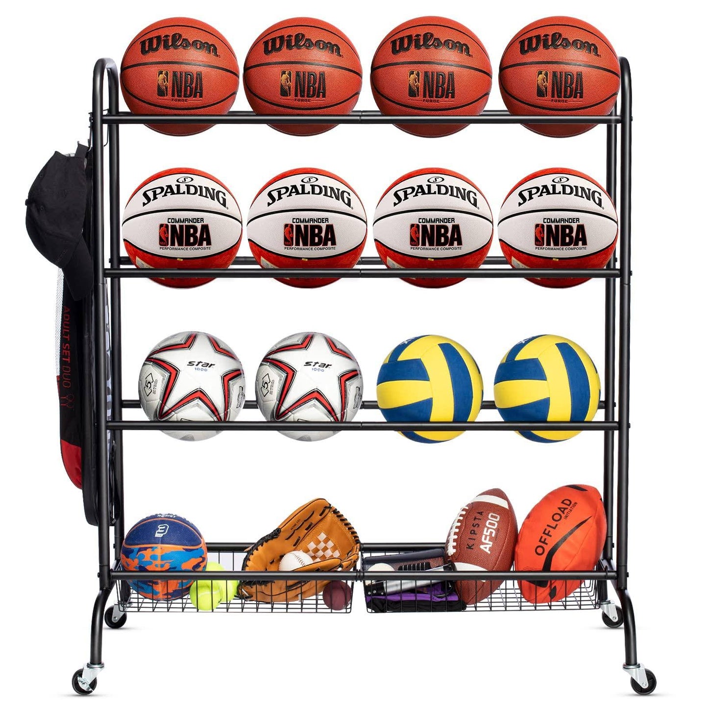 Basketball Rack, Outdoor Rolling Basketball Shooting Training Stand,Sports Equipment Storage With Wheels, Garage Four-Layer Ball Holder With Tw