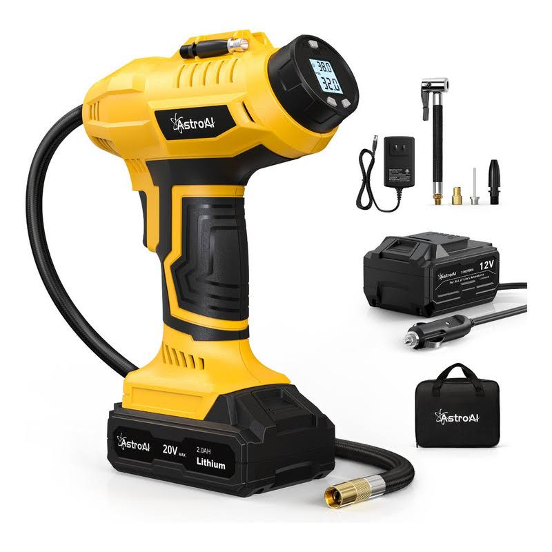 Tire Inflator 160psi Cordless Air Compressor, 20v Rechargeable Battery, Portable Handheld Air Pump, Dc 12v, Yellow, Size: 10.91 X 9.37 X 3.27