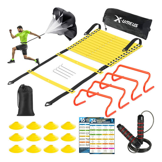 Agility Ladder Speed Training Equipment Set - Includes 20ft Agility Ladder, Resistance Parachute, 4 Agility Hurdles, 12 Disc Cones For