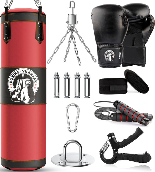 4ft Punching Bag For Adults/Kids, Unfilled Heavy Punching Bag, Boxing Bag Set With Punching Gloves, Wraps, Chain, Ceiling Hook For Mma